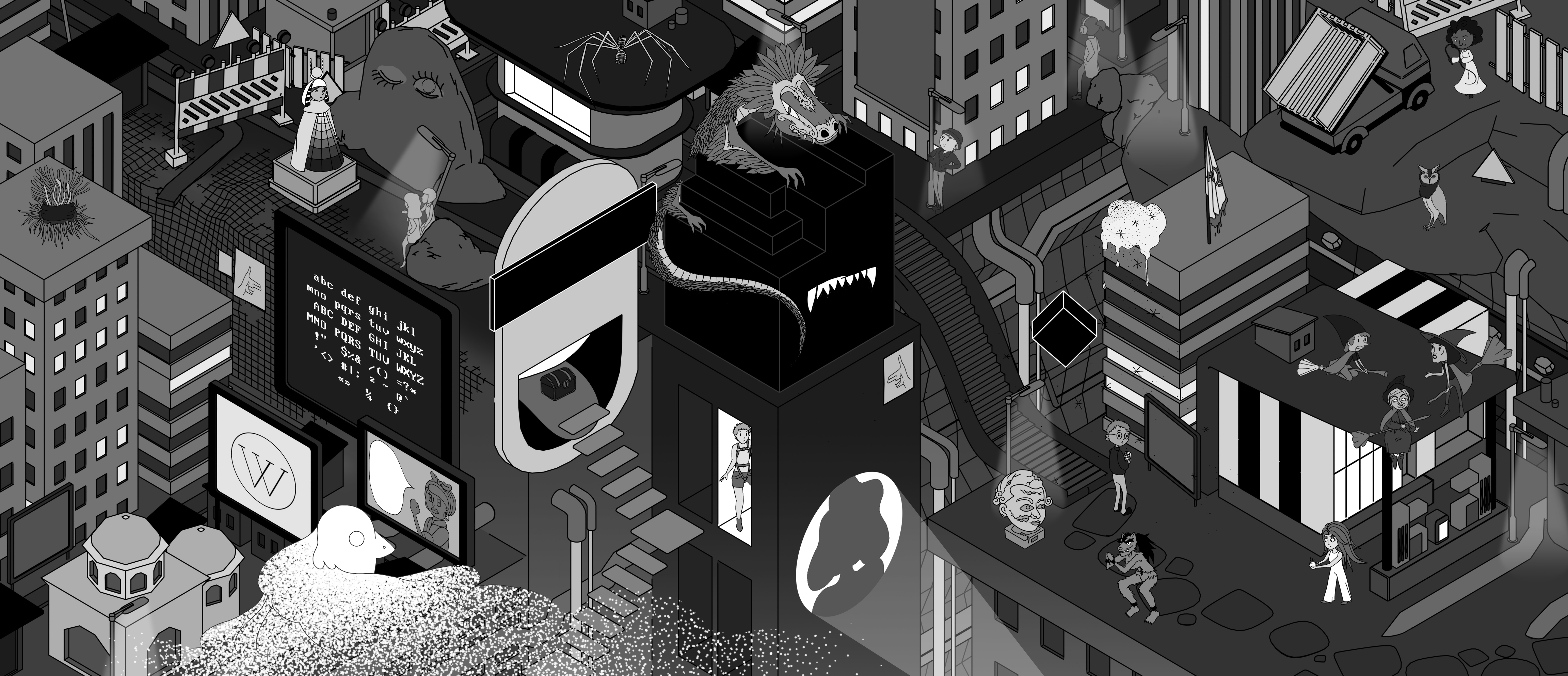Wimmelbild mit verschiedenen Charakteren in einer Stadt, die stellvertretend je für die beitragenden Projekte steht. Diese sind im Bild verlinkt.